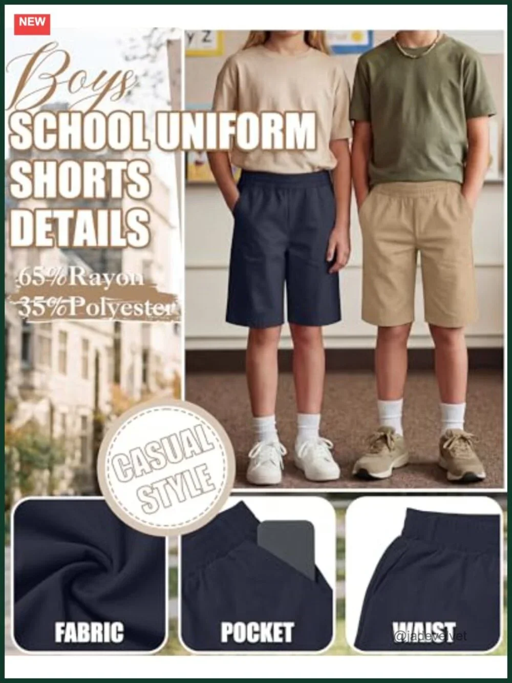 3 Pack Boys Uniform Shorts Elastic Waist Pockets Jogger Shorts